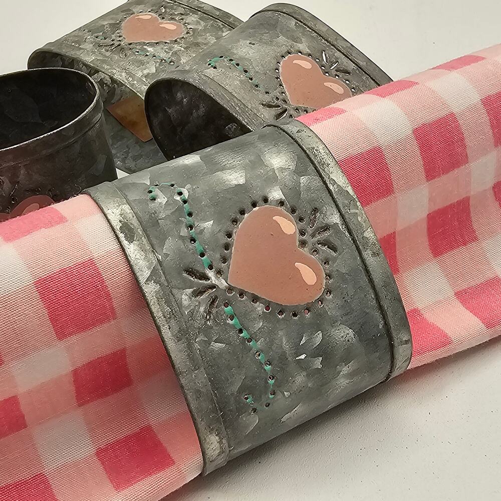 Galvanized Pink Heart Napkin Rings Rustic Farmhouse Set - Picture 3 of 5